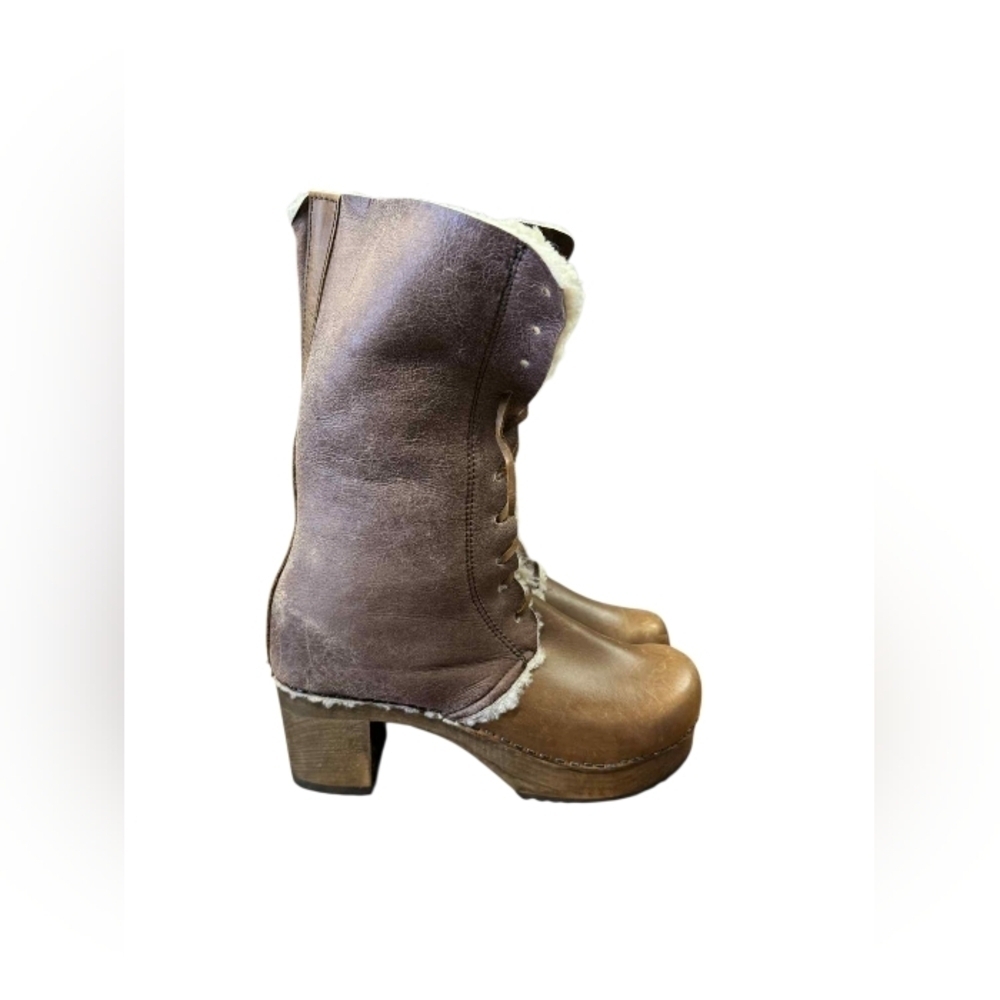 Sanita Clogs Block Boots Leather Wood Real Fur Lamb Brown/White Size 41 EUC